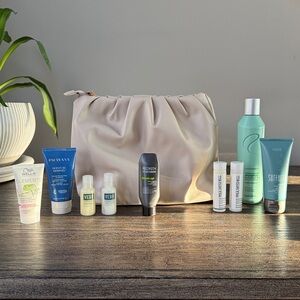 Elegant Cream Makeup Bag with assortment of professional hair products